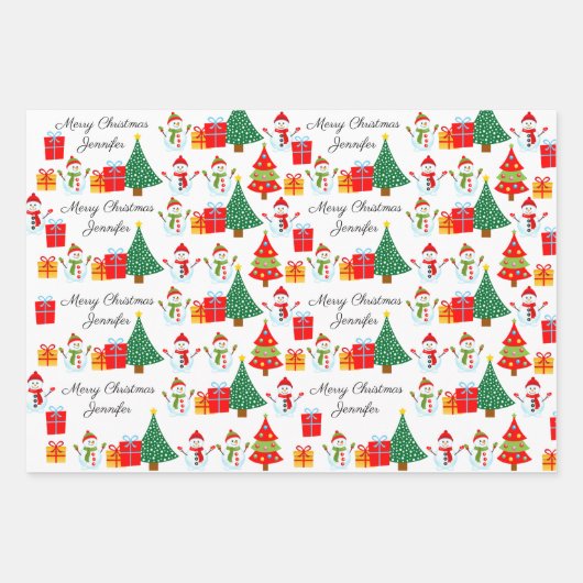 Snowman Personalize Name 3 Christmas Geschenkpapier Set (Vorderseite)