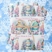 Snowman Personalize Pink Name Girl's Christmas 3 Geschenkpapier Set