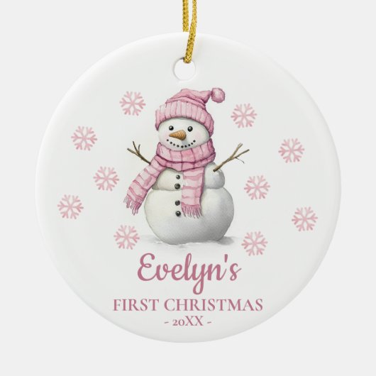 Snowman Personalized Girl's First Christmas Keramik Ornament (Vorne)