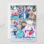 Snowman, persönliche Begrüßung mit drei Fotos<br><div class="desc">Dieser kleine, lächelnde Schneemann mit blauer Hut und Schal sendet Ihre personalisierten Grüße an Ihre Familie und Freunde zusammen mit drei Ihrer Lieblings-Fotos. Die Rückseite ist mit einem Aquarellschneeflockendesign versehen. Klicken Sie auf den Reiter CUSTOMIZE, um weitere Änderungen vorzunehmen, wie zum Beispiel den Stil, die Größe und die Farbe des...</div>