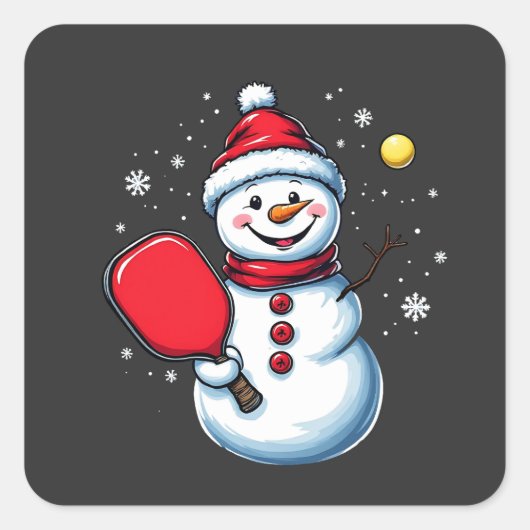 Snowman Pickleball Weihnachten Quadratischer Aufkleber (Vorderseite)