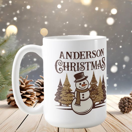 Snowman Pine Trees Familienname Weihnachten Kaffeetasse