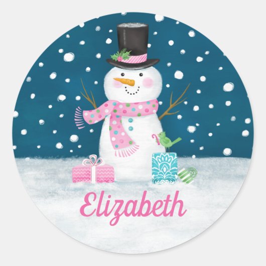 Snowman Pink Cute Personalized Christmas Holiday Runder Aufkleber (Vorderseite)