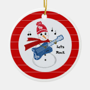 Snowman Playing Electric Rock Guitar Keramik Ornament