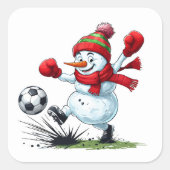 Snowman Playing Soccer Kicking Ball Quadratischer Aufkleber (Vorderseite)