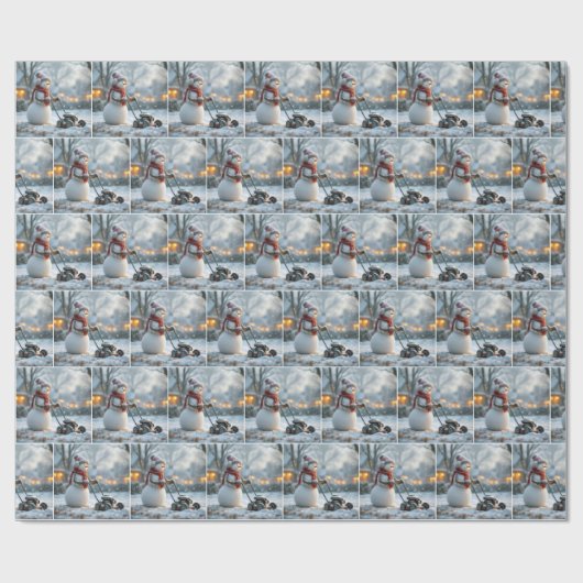 Snowman putzt einen Retro-Rasenmäher auf verschnei Geschenkpapier (Flach)