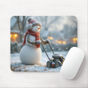 Snowman putzt einen Retro-Rasenmäher auf verschnei Mousepad