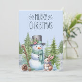 Snowman Rabbit Frohe Weihnachtskarte Feiertagskarte (Stehend Vorderseite)