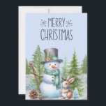 Snowman Rabbit Frohe Weihnachtskarte Feiertagskarte<br><div class="desc">Schneemann und Rabbit im Schnee Frohe Weihnachtskarte.</div>