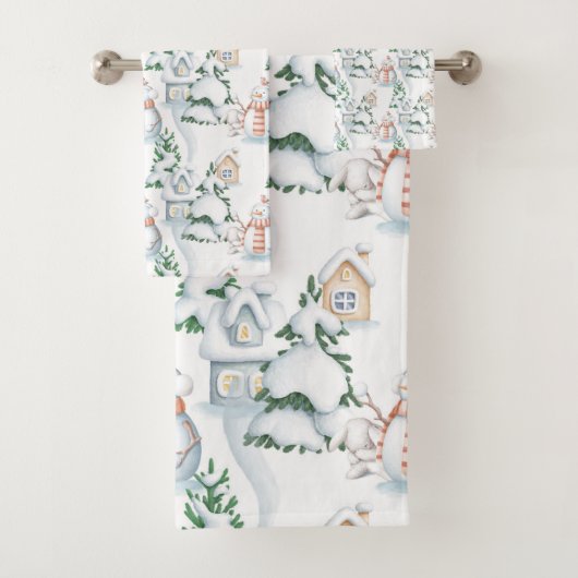 Snowman Rabbit Tree Snow House Weihnachten Badhandtuch Set (Insitu)