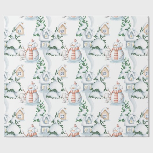 Snowman Rabbit Tree Snow House Weihnachten Geschenkpapier (Flach)