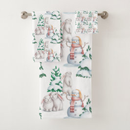 Snowman Rabbits Bäume Schnee Wasserfarbe Weihnacht Badhandtuch Set