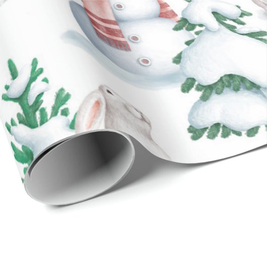 Snowman Rabbits Bäume Schnee Wasserfarbe Weihnacht Geschenkpapier (Rolleneckpunkt)