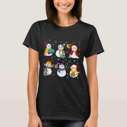 Snowman Reading Books Teacher Christmas Librarian T-Shirt (Vorderseite)