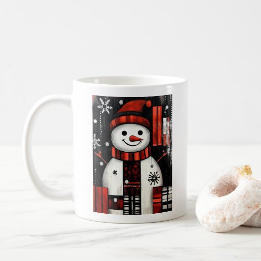 Snowman Red, Black & White Holiday Cheer Kaffeetasse (Mit Donut)