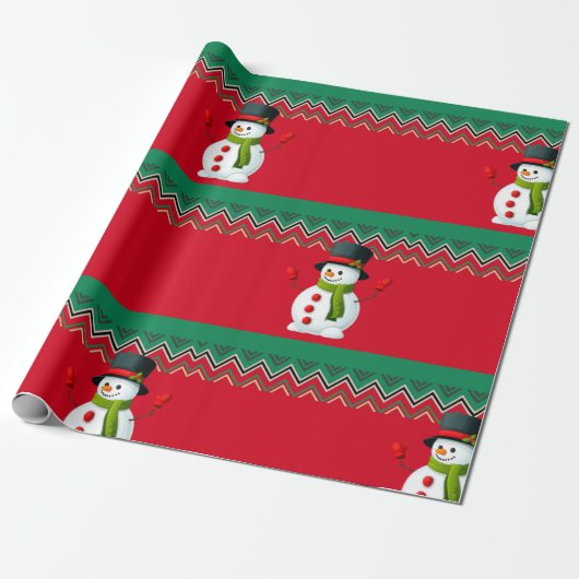 Snowman Red & Green Zickzack Pattern Ribbon Geschenkpapier (Ungerollt)