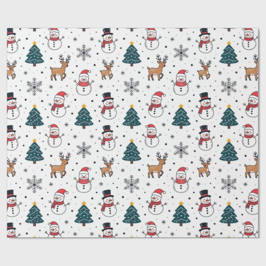 Snowman Reindeer Christmas Tree Pattern Geschenkpapier (Flach)