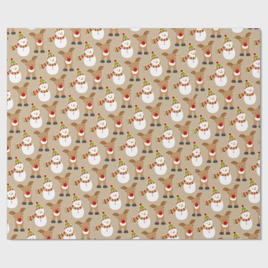 Snowman Reindeer Pattern Red Green Geschenkpapier (Flach)