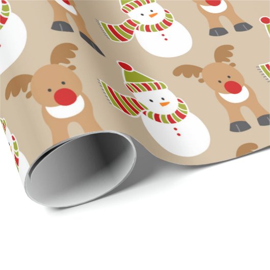 Snowman Reindeer Pattern Red Green Geschenkpapier (Rolleneckpunkt)