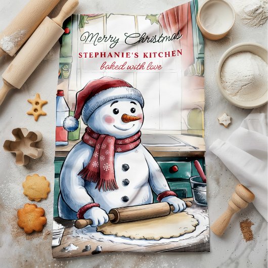 Snowman Rolling Dough Personalisiert Weihnachten Geschirrtuch