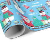 Snowman Santa Kids Personalisiert Blue Christmas Geschenkpapier (Rolleneckpunkt)