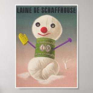 Snowman Skein of Yarn Whimsical Vintag Poster