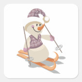 Snowman Skiing Quadratischer Aufkleber (Vorderseite)