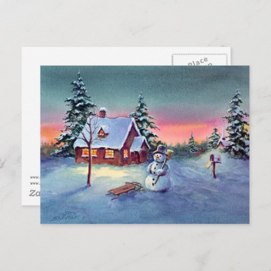 SNOWMAN & SLED VON SHARON SHARPE POSTKARTE (Vorne/Hinten)