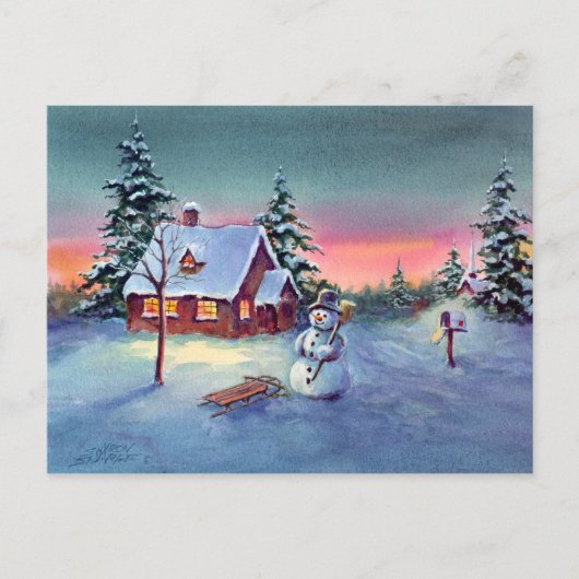 SNOWMAN & SLED VON SHARON SHARPE POSTKARTE (Vorderseite)