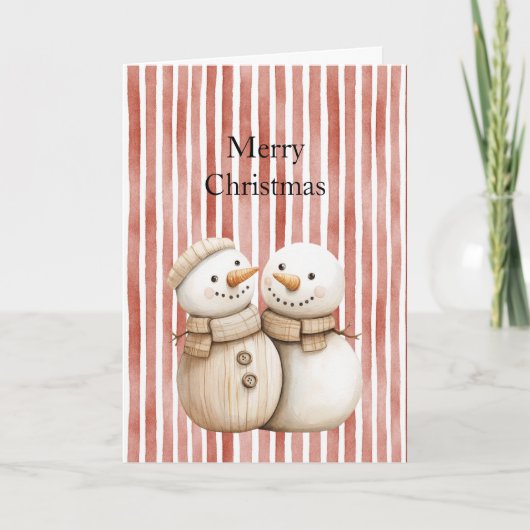 Snowman Snow Couple Red Stripes Christmas Karte (Vorderseite)