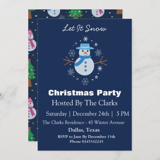 Snowman Snowflake Dark Blue Christmas Party Einladung (Vorne/Hinten)