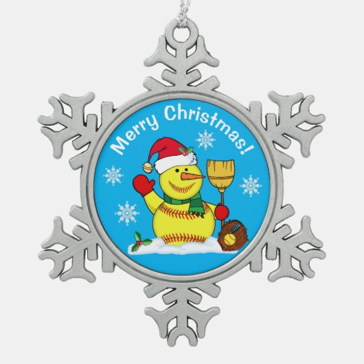 Snowman Snowflake Softball Weihnachtsschmuck Schneeflocken Zinn-Ornament (Vorderseite)