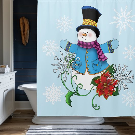 Snowman Snowflakes Poinsettia Duschvorhang