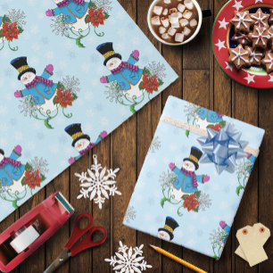 Snowman Snowflakes Poinsettia Geschenkpapier