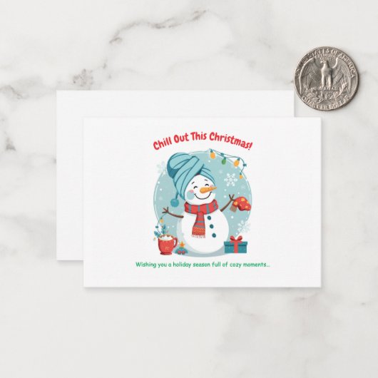Snowman Spa Day – Funny Christmas Greeting Card Mitteilungskarte (Vorderseite/Rückseite Beispiel)