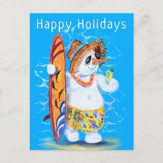 Snowman Surfer Happy Holidays Funny Postcard Postkarte (Vorderseite)
