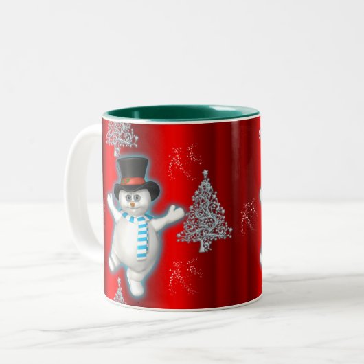 Snowman tanzt in Top Hat auf Red Christmas Zweifarbige Tasse (Vorderseite Links)