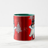 Snowman tanzt in Top Hat auf Red Christmas Zweifarbige Tasse (Mittel)
