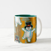Snowman tanzt in Top Hat on Gold Christmas Zweifarbige Tasse (VorderseiteRechts)
