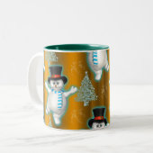 Snowman tanzt in Top Hat on Gold Christmas Zweifarbige Tasse (Vorderseite Links)