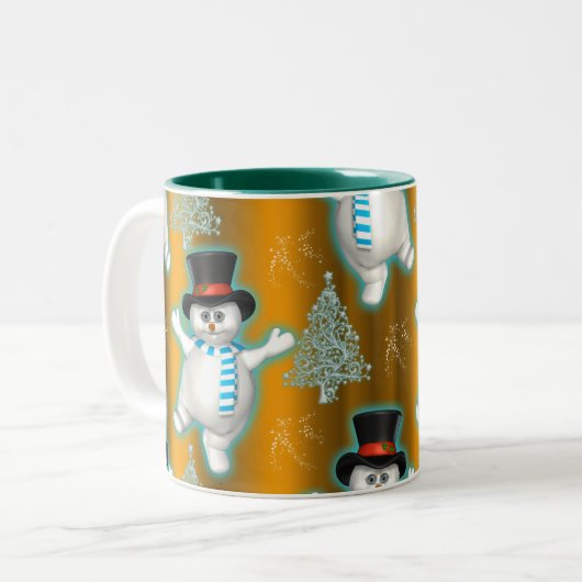 Snowman tanzt in Top Hat on Gold Christmas Zweifarbige Tasse (Vorderseite Links)