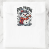 Snowman Top Hat Pipe Merry Christmas Quadratischer Aufkleber (Tasche)