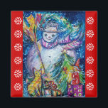 SNOWMAN, TOYS, CHRISTMAS TREE Red White Snowflakes Magnet<br><div class="desc">Whimsikale,  farbenfrohe und coole Winter Nacht Illustration,  Aquarellmalerei in lebendigblau weiß,  pink,  farbig.</div>