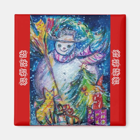 SNOWMAN, TOYS UND CHRISTMAS BAUM Rotes Blau Magnet (Vorne)