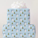 Snowman & Tree Light Blue Christmas Geschenkpapier<br><div class="desc">Schneemann mit Weihnachtsbäumen verpackt Papier</div>