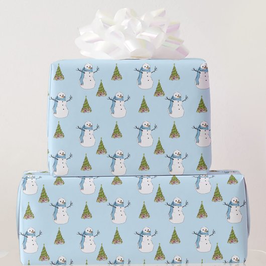 Snowman & Tree Light Blue Christmas Geschenkpapier