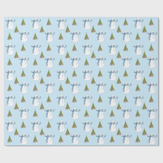 Snowman & Tree Light Blue Christmas Geschenkpapier (Flach)
