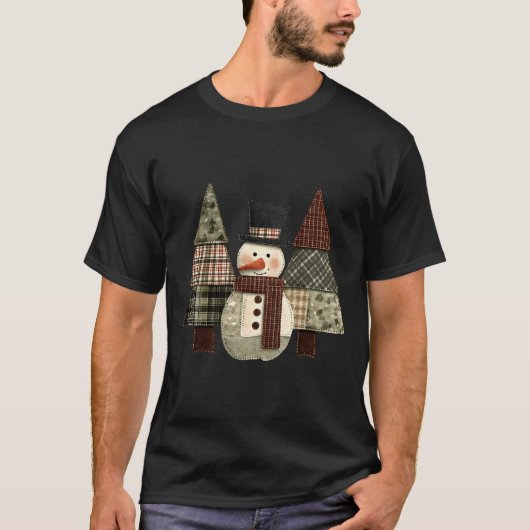 Snowman Trees Patchwork Plaid Trees Rustic Christm T-Shirt (Vorderseite)