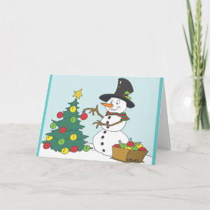 Snowman Trimming Tree Feiertagskarte