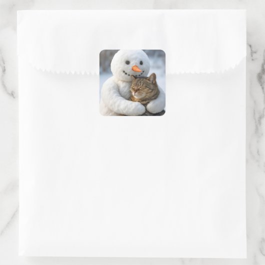 Snowman umarmt eine Tabby-Katze Quadratischer Aufkleber (Tasche)